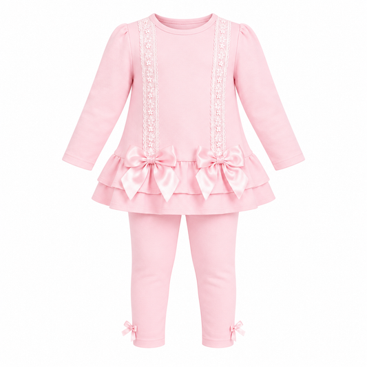 Pretty in Pink Lace & Satin Bow Legging Set 🎀