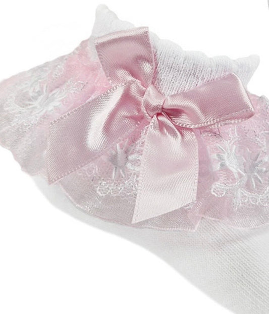 Pink & White Ribbon Frilly Socks