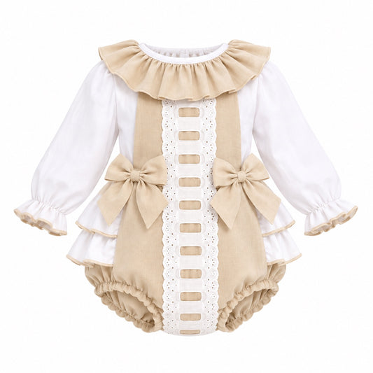 Kleo Kids Champagne & Ivory Vintage Bow Romper Set